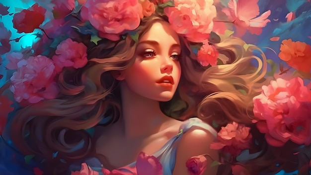 Flores rosadas en el cabello chica anime encantadora Mujer anime con cabello de flores Mujer flor