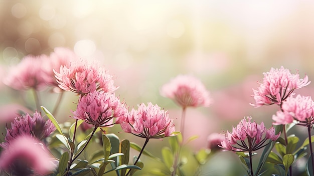 Flores rosadas en un campo con el sol brillando sobre ellas