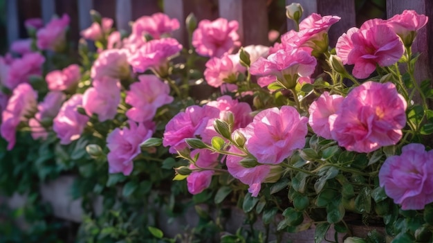 Flores rosadas en una cerca con el sol brillando sobre ellas