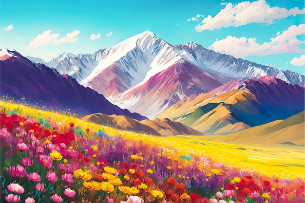 Las flores rosadas crecen en el hermoso paisaje de las montañas.