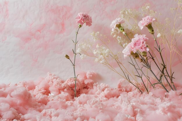 Foto flores rosadas etéreas entre las nubes de tullo