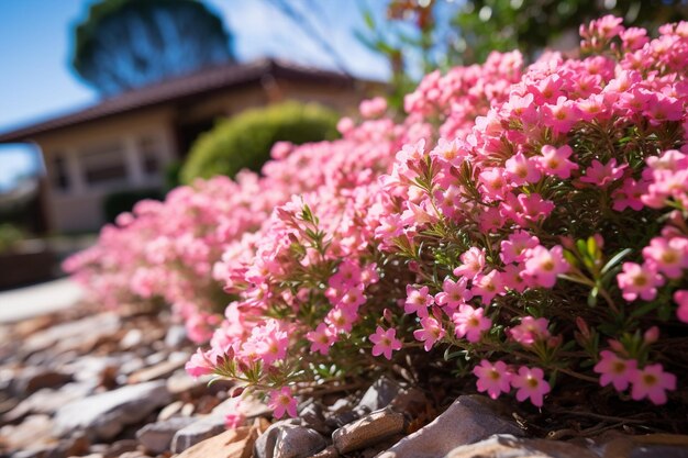 Foto las flores rosadas florecen en los arbustos entrelazados