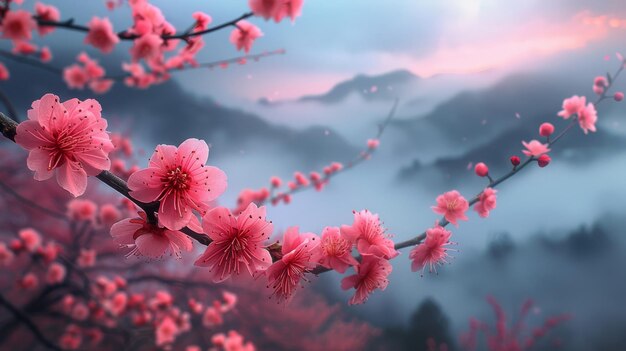Las flores rosadas florecen en las ramas de los árboles