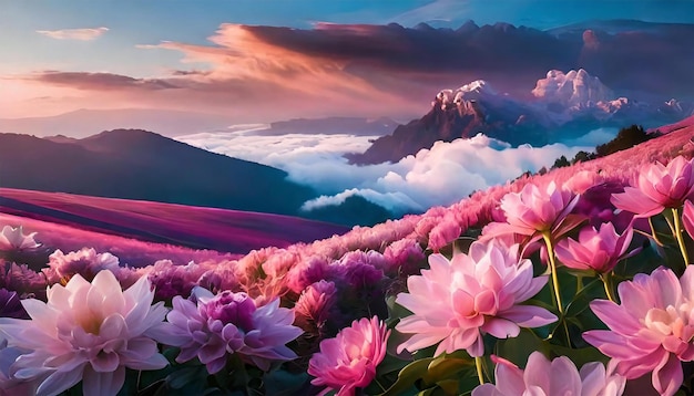 flores rosadas frente a una montaña con nubes y montañas en el fondo