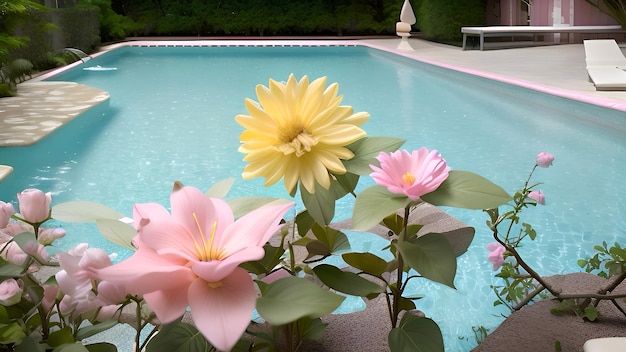 Flores rosadas frente a una piscina