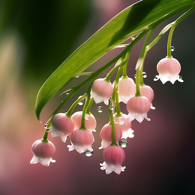 Las flores rosadas con gotas de lluvia son del lirio de los valles.