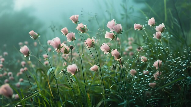 flores rosadas en la hierba con gotas de rocío