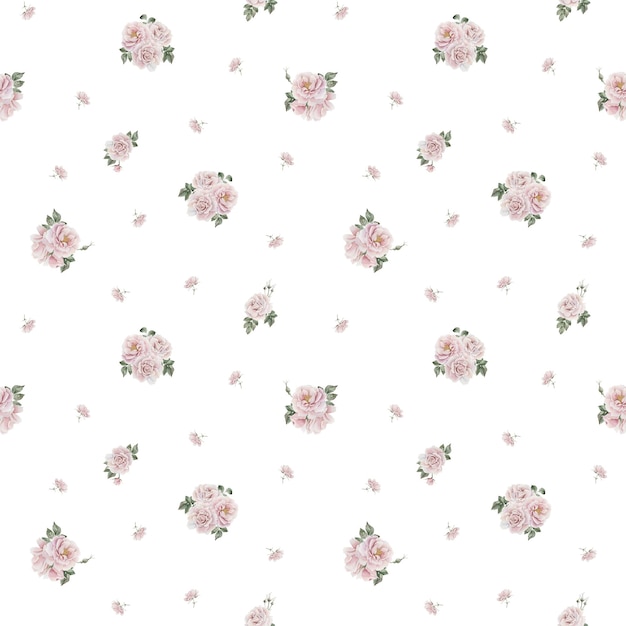 Flores rosadas con hojas verdes estilo victoriano acuarela patrón sin costuras en blanco