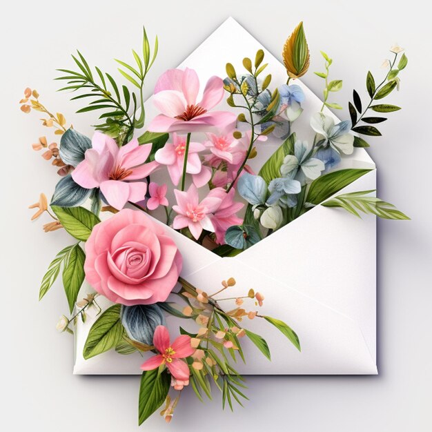 flores rosadas y hojas verdes con tarjeta en el fondo blanco