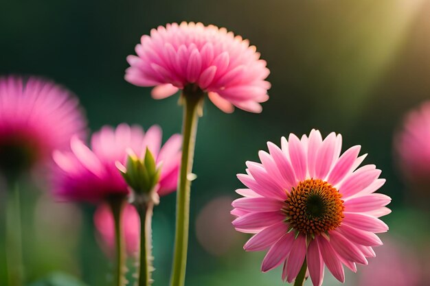 Flores rosadas en un jardín con el sol brillando sobre ellas