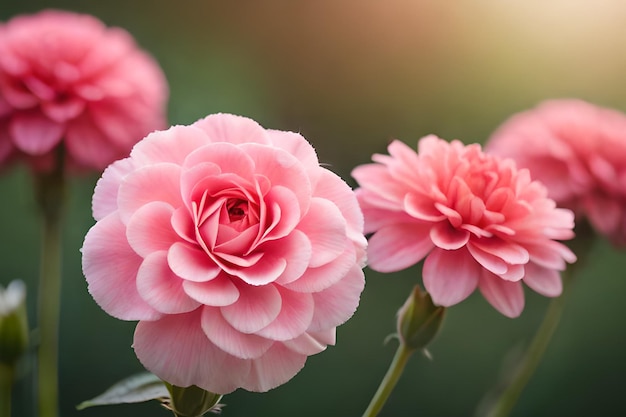 Flores rosadas en el jardín con el sol detrás de ellas.