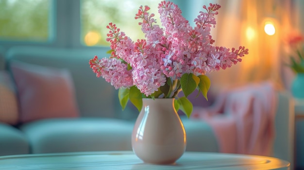 Flores rosadas en un jarrón en la mesa