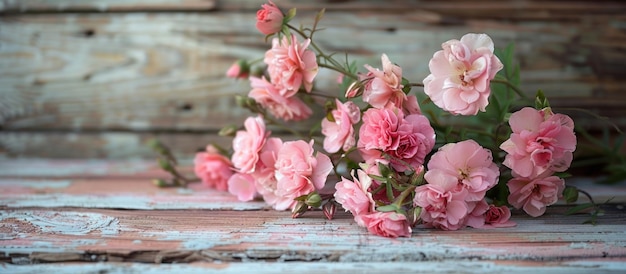 Flores rosadas en una mesa de madera