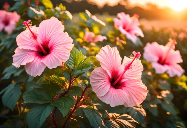 flores rosadas en la puesta de sol