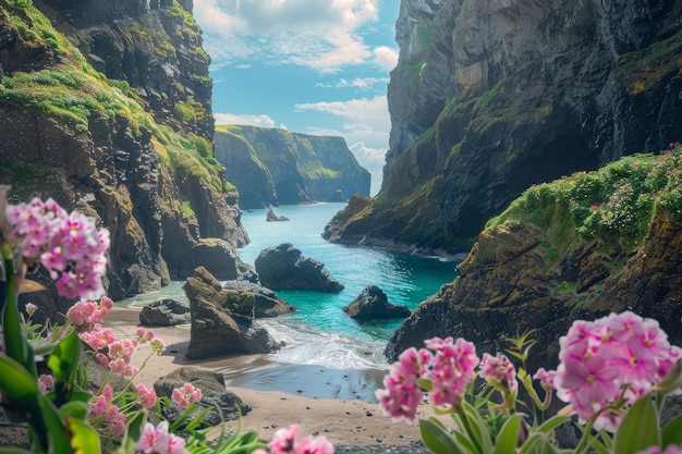 Flores rosadas que crecen en las rocas cerca del agua