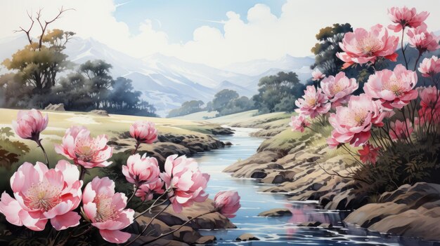 Flores rosadas y río Pintura realista con representación detallada