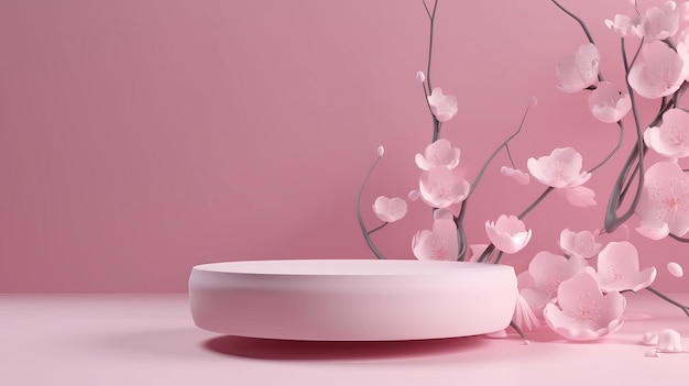 Flores rosadas de sakura cayendo sobre un podio con un tono rosado Generado por IA