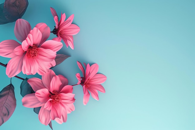 Foto flores rosadas sobre fondo azul con hojas ia generativa