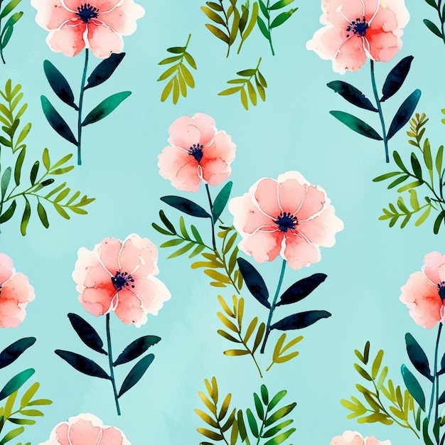 flores rosadas sobre un fondo azul con hojas verdes y hojas amarillas