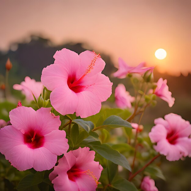 Foto flores rosadas con el sol poniéndose detrás de ellas