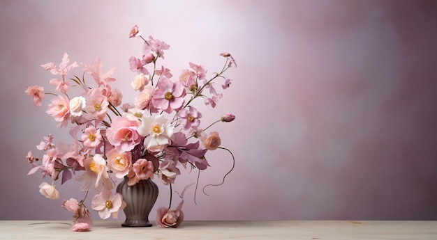 Flores rosadas de verano en jarrón de vidrio con espacio para copiar Banner IA generativa