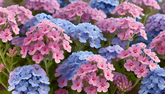 Foto flores rosas y azules verbena de cerca