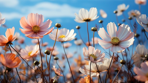 flores rosas en el cielo azul al estilo de los paisajes de ensueño pastel