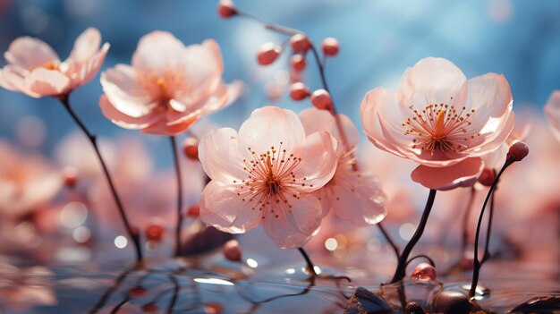 flores rosas en el cielo azul al estilo de los paisajes de ensueño pastel