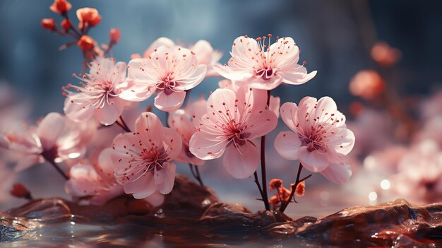 flores rosas en el cielo azul al estilo de los paisajes de ensueño pastel