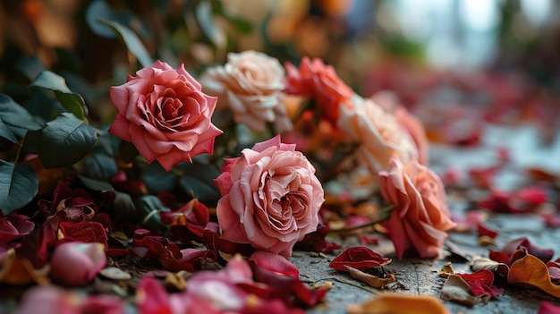 Flores de rosas de colores en el jardín rústico en el fondo de la puesta de sol