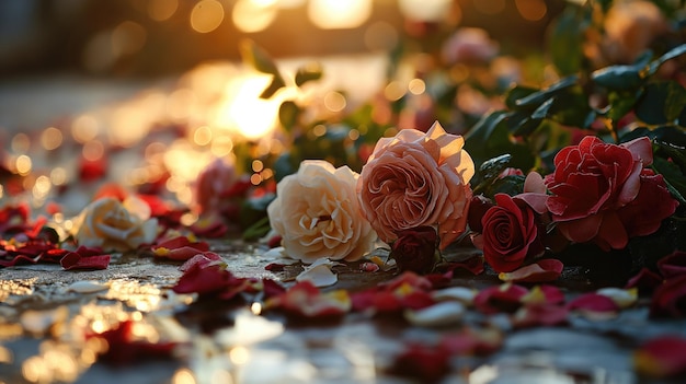 Flores de rosas de colores en el jardín rústico en el fondo de la puesta de sol