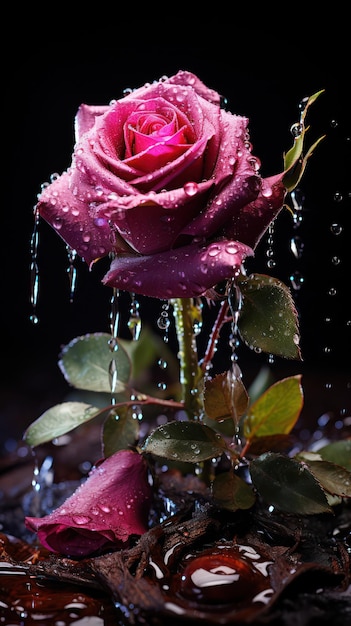 flores rosas com cartaz de chuva de gotas