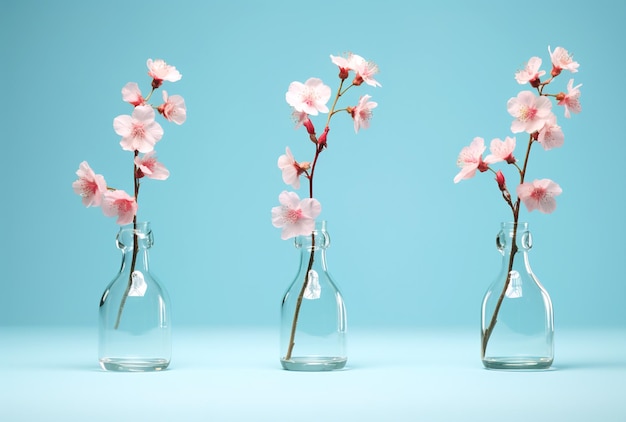 Flores rosas cor de rosa em frascos químicos sobre fundo azul generativo ai