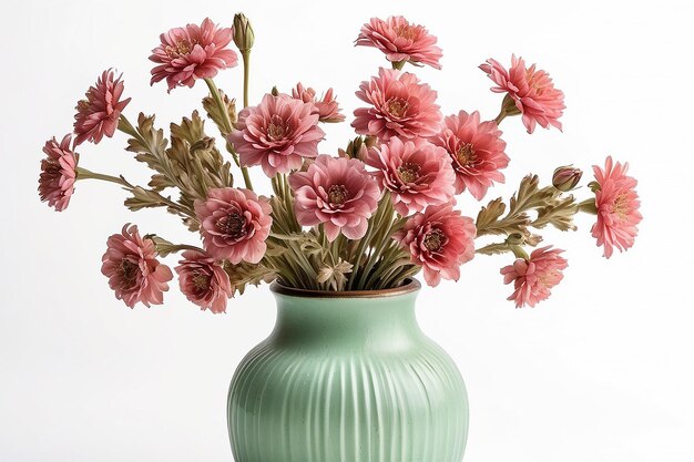 Flores rosas decorativas secas em vaso de cerâmica esverdeada isoladas em fundo branco Macro close-up