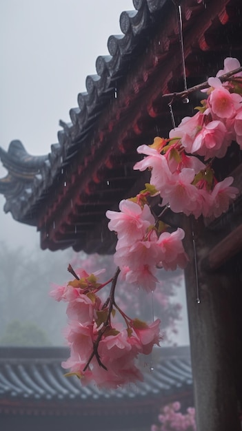 Flores rosas en un edificio bajo la lluvia