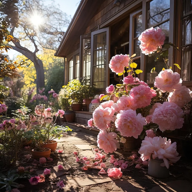 Las flores rosas están floreciendo frente a una casa.