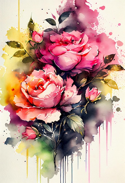 Flores rosas florescendo em aquarela com fundo de respingo