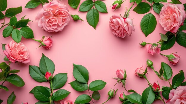 Flores rosas con hojas verdes sobre fondo rosa