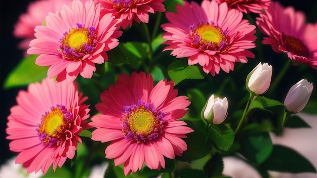 Flores rosas en un jardín con una flor blanca al fondo