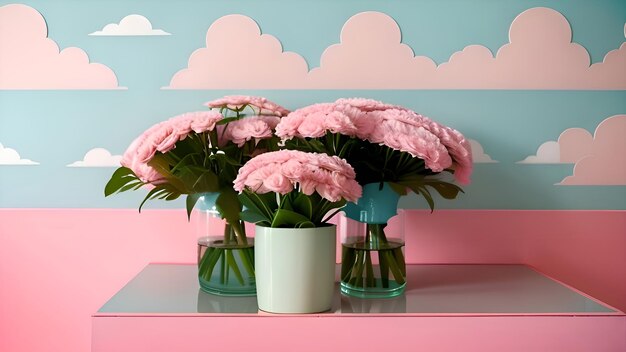 Flores rosas en un jarrón blanco sobre una mesa con fondo de flores