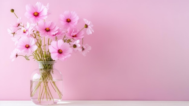 Flores rosas en un jarrón de cristal sobre un fondo rosa