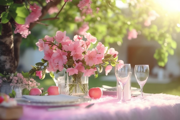 Flores rosas en una mesa en el jardín.