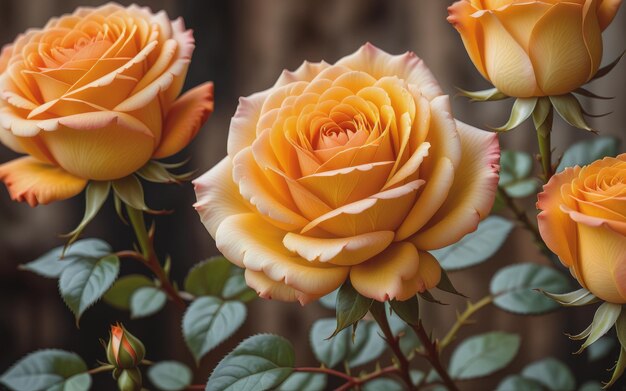 Flores de rosas naranjas y amarillas sobre un fondo borroso