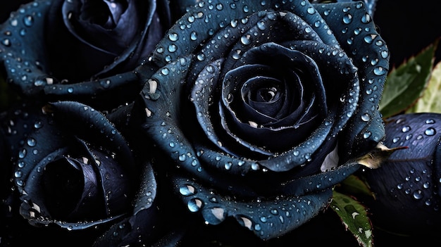 Flores de rosas negras con fondo de gotas Primer plano de flor con gotas brillantes IA generativa