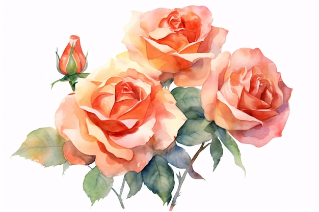 Flores rosas ramas hojas y capullos sobre un fondo blanco aislado ilustración acuarela diseño floral Generativo Ai
