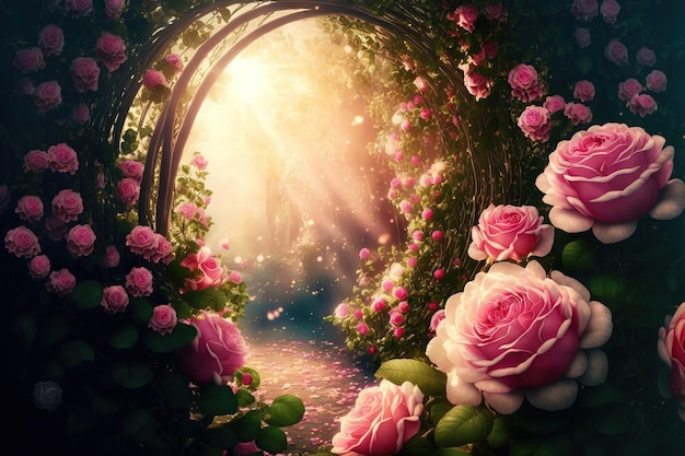 Las flores de las rosas rosadas de fantasía crecen y el camino conduce hacia adelante en Fabulous Mystical Paradise Garden Mystery
