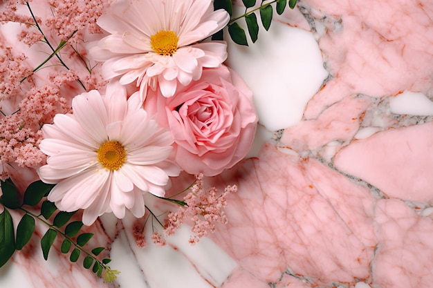 Flores rosas sobre un fondo de mármol