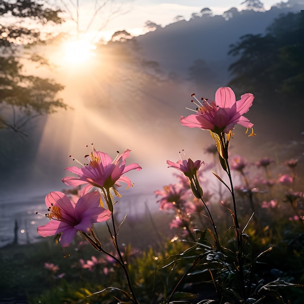 flores rosas en el sol de la mañana