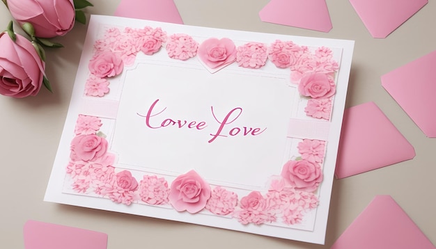 Foto flores rosas con tarjeta de amor