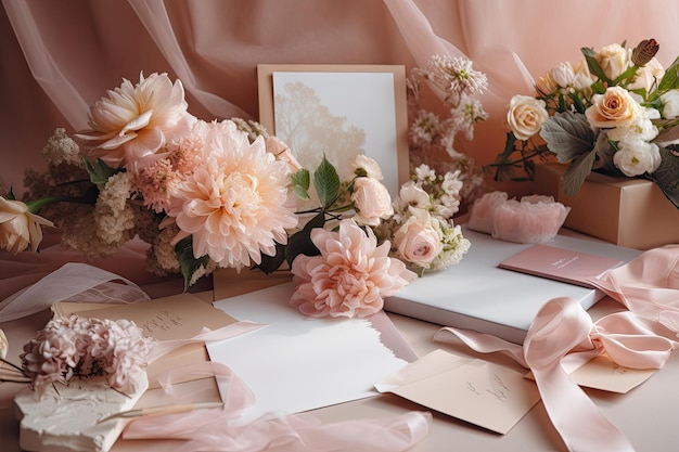 Flores rosas vintage e caixa de presente com fita na mesa de luz Cartão de saudação para mulheres de aniversário ou dia das mães